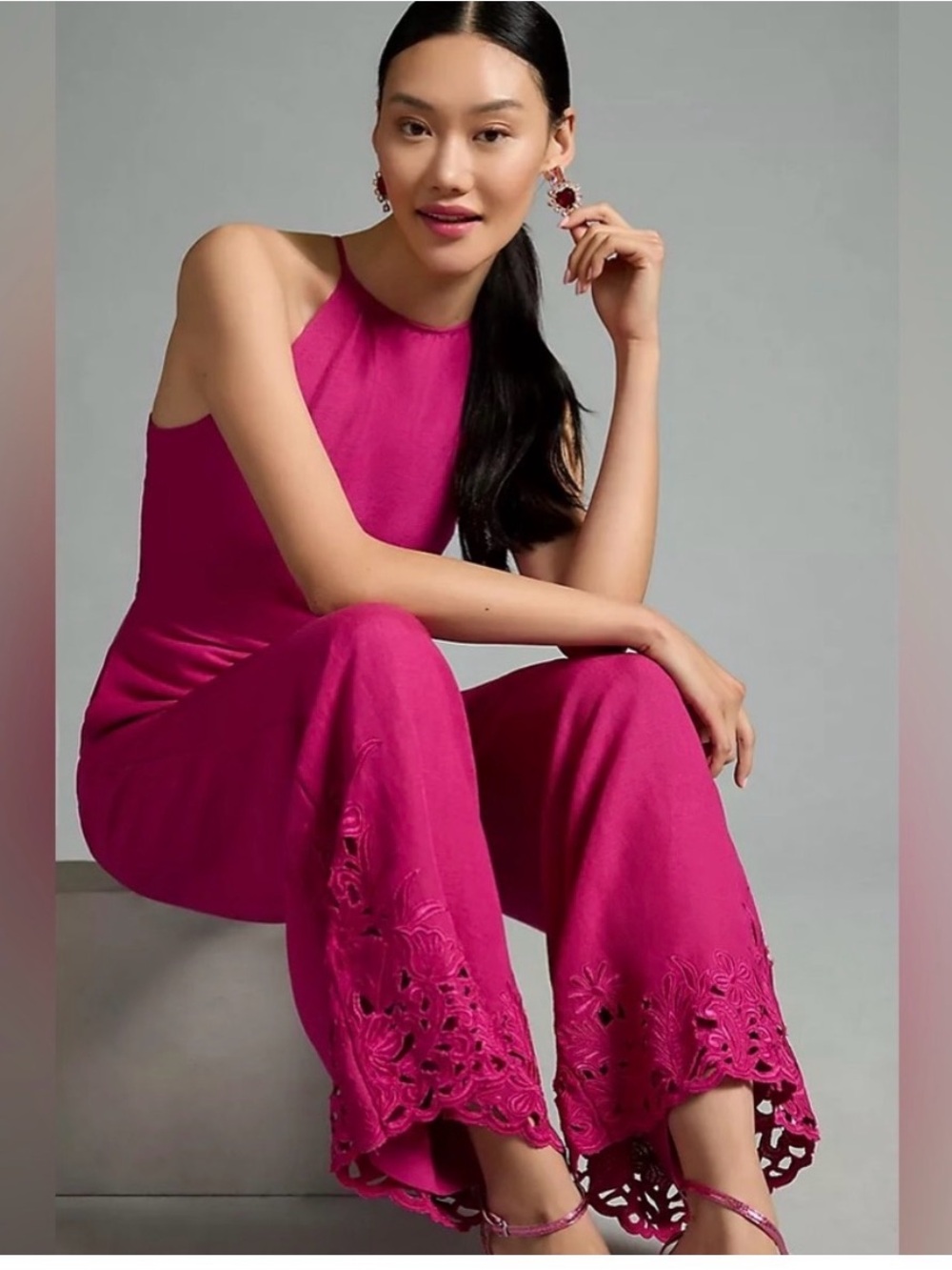 Anthropologie Fuchsia Halter Wide-Leg Jumpsuit with Lace Trim - Picture 2 of 11
